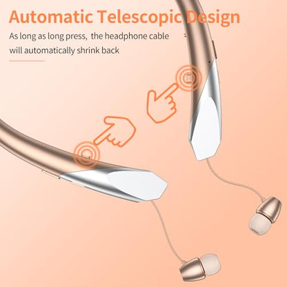 2026 Upgraded Bluetooth Headset - Wireless Neckband Bluetooth Headphones with Retractable Earbuds, Extended Battery Life, and Intuitive Controls for Sports, Office, and Travel (Gold) - color: Gold
