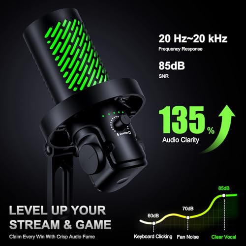 tenlamp RGB USB Condenser Microphone for Gaming Streaming Podcast - Cardioid with Touch Mute & Noise Reduction, Dynamic RGB Lights, Gain Knob, Headphone Monitoring, Plug and Play for PC Mac Phone