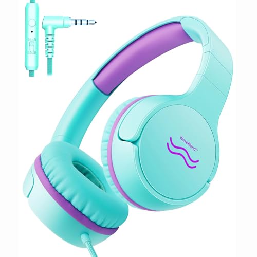 Wired Kids Headphones with Mic, 85/94dB Safe Volume Control, Foldable On-Ear Headset for School, Travel, Tablet & Laptop, 3.5mm Jack, Green & Purple - color: GreenPurple