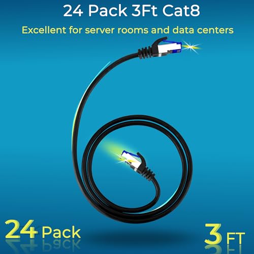 Rapink Patch Cables Cat8 3ft 24 Pack Slim, Cat8 Ethernet Patch Cable 40G Support, Snagless Cat 8 Patch Cable for Patch Panel to Switch, Flexiable Cat 8 Ethernet Cable Datacenter with Gold Plated - size: 3ft, style: 24 Pack