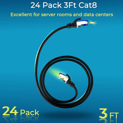 Rapink Patch Cables Cat8 3ft 24 Pack Slim, Cat8 Ethernet Patch Cable 40G Support, Snagless Cat 8 Patch Cable for Patch Panel to Switch, Flexiable Cat 8 Ethernet Cable Datacenter with Gold Plated - size: 3ft, style: 24 Pack