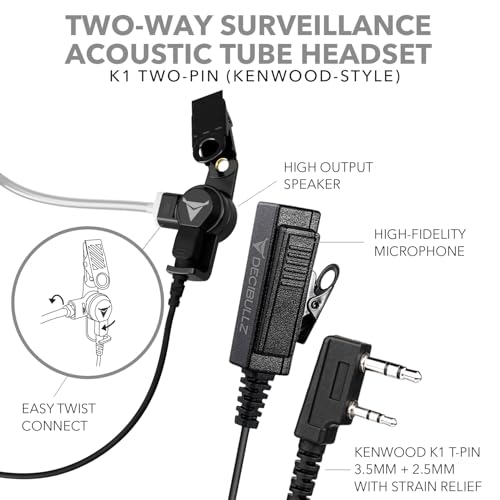 Decibullz 2-Way Surveillance Acoustic Tube Headset, K1 Earpiece Audio Set Compatible with Kenwood K-Plug & Baofeng, Inline PTT Mic, Clear Coil, K-Type 2-Pin (3.5mm & 2.5mm) Jack - style: K1 2-Way Headset