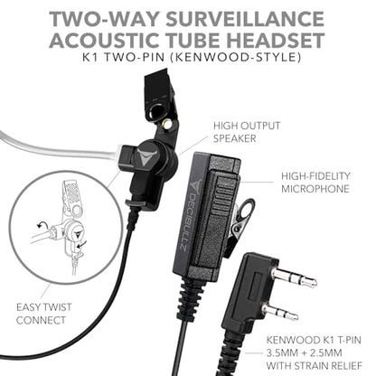 Decibullz 2-Way Surveillance Acoustic Tube Headset, K1 Earpiece Audio Set Compatible with Kenwood K-Plug & Baofeng, Inline PTT Mic, Clear Coil, K-Type 2-Pin (3.5mm & 2.5mm) Jack - style: K1 2-Way Headset