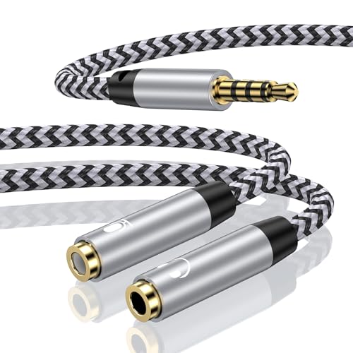 3.5mm Headphone Splitter, Audio Stereo Y Splitter Aux Cable for Earphones | Male to Female Dual Headphone&Microphone Jack Adapter Compatible with PS4 PS5 Xbox Switch Gaming Headsets Phone Tablet Laptop - color: white