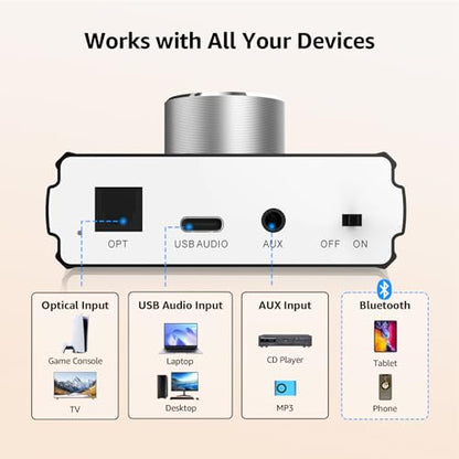1Mii DeskRoar B75 Mini Bluetooth 6.0 Amplifier, 2.0 Channel 50W×2 HiFi Amp | USB/Optical/AUX IN, Home Audio Digital Stereo Receiver for TV/PC/Bookshelf/Desktop Speakers, 24V Power Supply