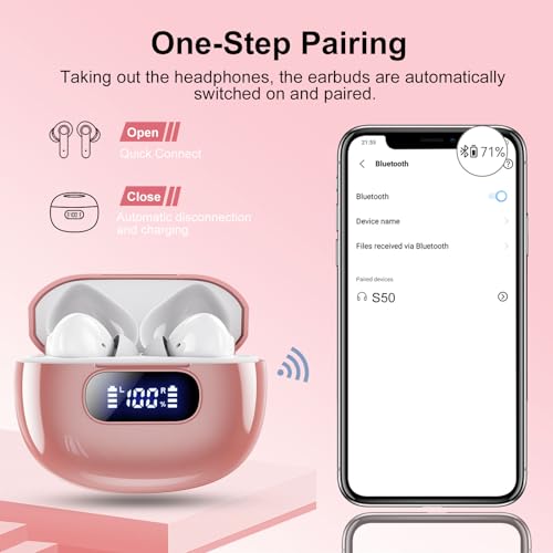 Wekily Wireless Earbuds, Bluetooth 5.3 Headphones LED Power Display, 2025 New Wireless Earphones, 4 ENC Noise Cancelling Mic, HiFi Stereo, 48H Playtime Mini Case IP7 Waterproof for iOS Android - color: Barbie Pink