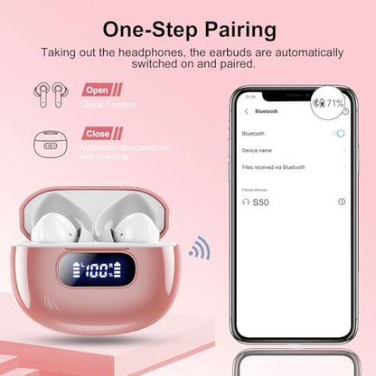 Wekily Wireless Earbuds, Bluetooth 5.3 Headphones LED Power Display, 2025 New Wireless Earphones, 4 ENC Noise Cancelling Mic, HiFi Stereo, 48H Playtime Mini Case IP7 Waterproof for iOS Android - color: Barbie Pink