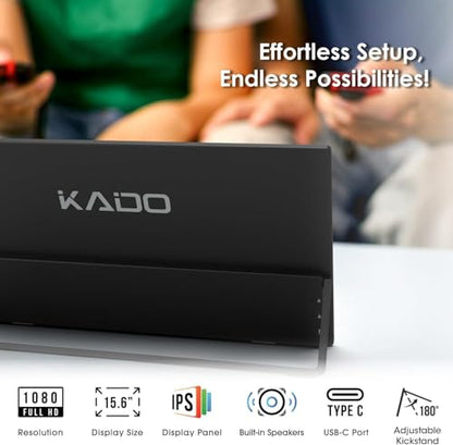 Kado Portable Monitor 15.6'' Ultra-Slim 100% sRGB 1080p IPS Second Display | 180° Kickstand Laptop Monitor 1920x1080, Carrying Case for PC, Mac, Phone, Dex, Xbox, PS5, USB-C & HDMI Connectivity - size: Kickstand