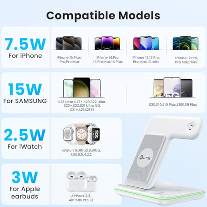 WAITIEE Foldable Wireless Charger for iPhone 17 16 15 14 13 12 11 X 8, 3 in 1 Charging Station for Apple Watch & for AirPods(White) - color: White
