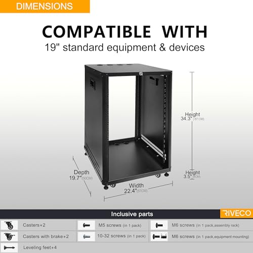 RIVECO POMU 18U Stereo & Server Rack with Caster Wheels, Rolling Network Cabinet, Open Frame for 19 inches Audio Video Music Recording & IT Equipment, Obtuse Angel, Lifting Handle - size: 18U