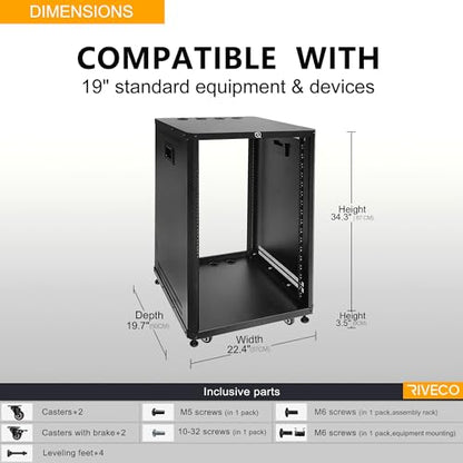 RIVECO POMU 18U Stereo & Server Rack with Caster Wheels, Rolling Network Cabinet, Open Frame for 19 inches Audio Video Music Recording & IT Equipment, Obtuse Angel, Lifting Handle - size: 18U