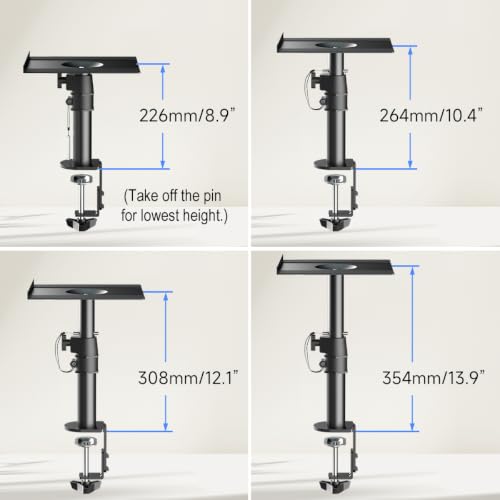 suptek Clamp-on Speaker Stand Desk Mount Set, Height Adjustment, Tilt, Swivel, 9.6 x 8.8 inch Trays, Universal Audio Holders for Computer and Bookshelf Speakers, Elevated Sound, 2 Pack, Black, SDM001B - color: Black, size: 9.6 x 8.8x 13.9"(h)