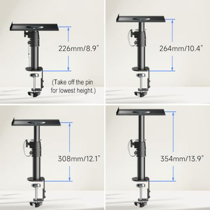 suptek Clamp-on Speaker Stand Desk Mount Set, Height Adjustment, Tilt, Swivel, 9.6 x 8.8 inch Trays, Universal Audio Holders for Computer and Bookshelf Speakers, Elevated Sound, 2 Pack, Black, SDM001B - color: Black, size: 9.6 x 8.8x 13.9"(h)