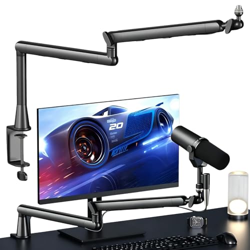 Dual Microphone Boom Arm Stand with Desk Clamp Mount, 2KG Load Capacity, Cable Management, Adjustable Articulating Arm, Black