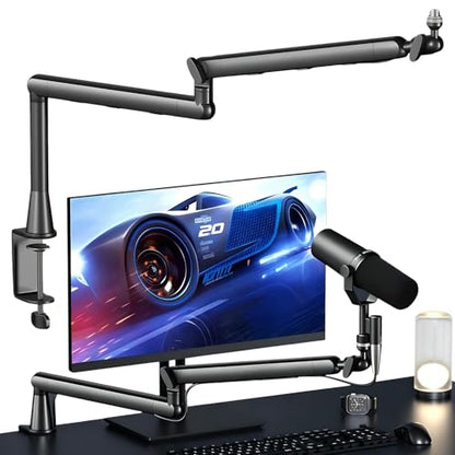 Dual Microphone Boom Arm Stand with Desk Clamp Mount, 2KG Load Capacity, Cable Management, Adjustable Articulating Arm, Black