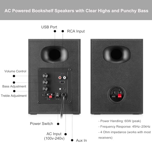4-Inch Powered Bluetooth Bookshelf Speakers, Walnut - color: Black