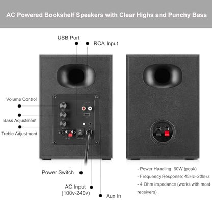 4-Inch Powered Bluetooth Bookshelf Speakers, Walnut - color: Black