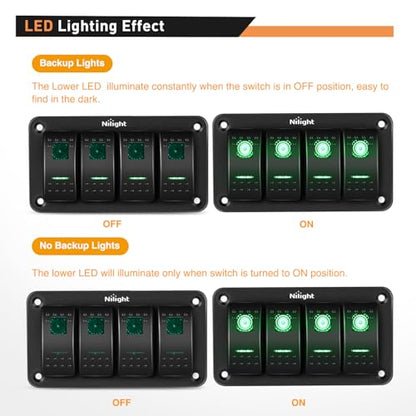 Nilight 4 Gang Rocker Switch Panel SPST On Off Toggle with DIY Label Sticker | 5PIN Electrical 12V/20A 24V/10A Aluminum Plate with Pre-Wired Jumper Wires for LED Light Bar RV Boats 4X4 Cars Green - color: Green, size: 4 Gang