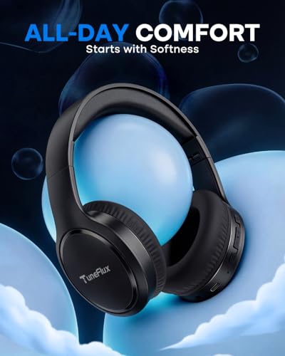 TuneFlux Bluetooth Headphones,70H Playtime Bluetooth 6.0 Wireless Headphones,3 EQ Music Modes Foldable Lightweight Over Ear Headset with Clear Call,HiFi Deep Bass for Home Office Travel (Black) - color: Black