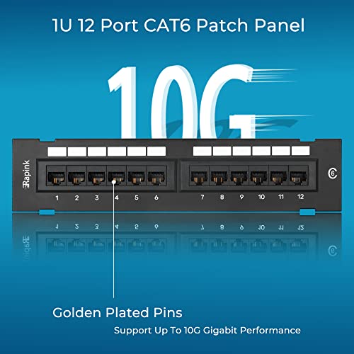 Rapink Patch Panel 12 Port Cat6 10G Support, Network Patch Panel UTP 10-Inch, Wallmount 1U Ethernet Patch Panel Punch Down Block for Cat6, Cat5e, Cat5 Cabling - size: 12Port