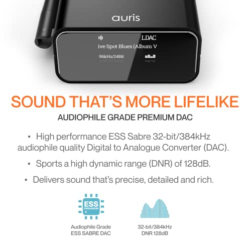 Auris Blume Pro HiFi Bluetooth 5.3 Music Receiver Long Range Bluetooth Adapter with Audiophile DAC, LDAC, aptX HD, OLED Display & Optical Coaxial AUX Output for Home Stereo, AV Receiver or Amplifier