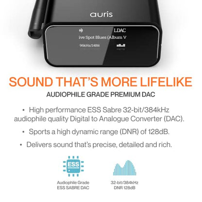 Auris Blume Pro HiFi Bluetooth 5.3 Music Receiver Long Range Bluetooth Adapter with Audiophile DAC, LDAC, aptX HD, OLED Display & Optical Coaxial AUX Output for Home Stereo, AV Receiver or Amplifier
