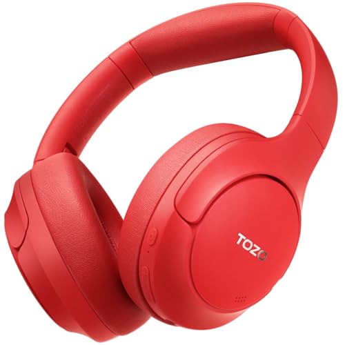 TOZO Hybrid Active Noise Cancelling Headphones, Hi Res Audio | Wireless Over Ear Bluetooth Headset, 60H Playtime, Custom EQ via App Deep Bass Comfort Fit Ear Cups, for Home Office Travel - color: Red