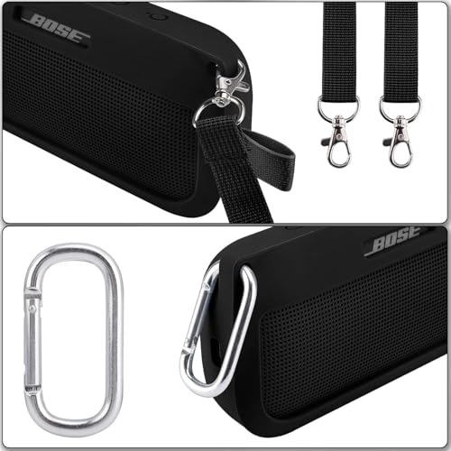 co2CREA Soft Silicone Case Replacement for Bose SoundLink Flex Bluetooth Portable Speaker (Silicone Case, Black Case) | Adjustable Shoulder Strap, Crossbody Carrying, Aluminum Carabiner, Lightweight - color: Black Case