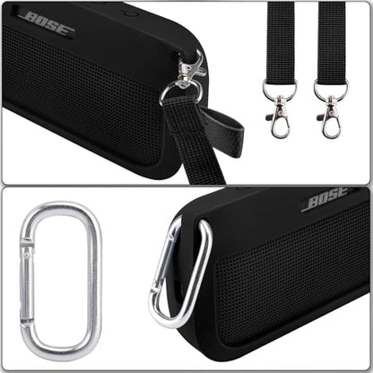 co2CREA Soft Silicone Case Replacement for Bose SoundLink Flex Bluetooth Portable Speaker (Silicone Case, Black Case) | Adjustable Shoulder Strap, Crossbody Carrying, Aluminum Carabiner, Lightweight - color: Black Case