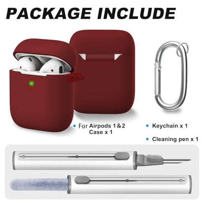 for AirPods 1/2 Case Cover,Come with Cleaner Kit,Soft Skin Silicone Case Cover with Keychain,Full Protective Case for Men and Women,Compatible with AirPods 2nd 1st Generation Case,Wine Red - color: C1-Wine Red+pen