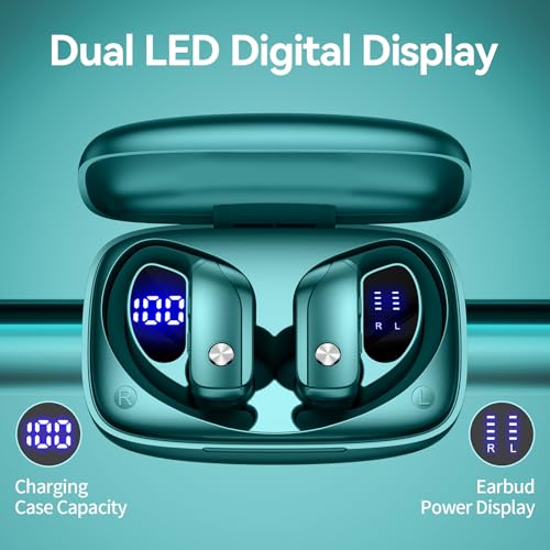 bmani Ear Buds Wireless Earbuds Bluetooth Headphones with 80H Playtime LED Display Case, Over-Ear Hook with Mic, Stereo Sound, Easy Button Controls, Sports Earphones for Running Workout Gym Green - color: Green, style: Standard