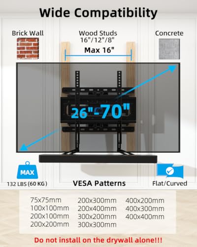 HOME VISION Full Motion TV Mount Soundbar Bundle for 26-70" TVs, 132 lbs | ±60° Swivel & Tilt, 6 Articulating Arms, Soundbar Moves with TV, Fits 8"/12"/16" Studs, Max VESA 400x400 - size: 26-70" FM w/5745