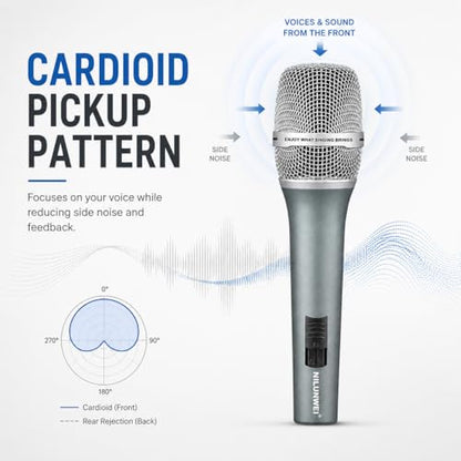 Dynamic Microphone - Heart shaped Directional Wired Microphone, used as a vocal microphone for live sing, with 14 foot XLR to 1/4 inch audio cable, desktop tripod, extension pole, Mic storage bag
