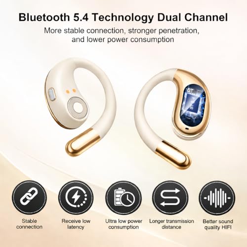 Open Ear Headphones Wireless Bluetooth 5.4, Air Conduction Wireless Earbuds with Ear Hooks and Mic, 50H LED Charging Case, IPX7 Water Resistant Sport Headphones for Running Gym Work - color: Khaki White