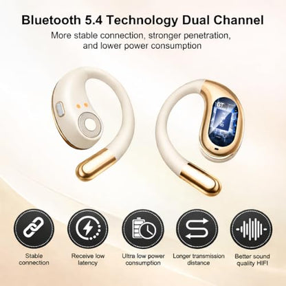 Open Ear Headphones Wireless Bluetooth 5.4, Air Conduction Wireless Earbuds with Ear Hooks and Mic, 50H LED Charging Case, IPX7 Water Resistant Sport Headphones for Running Gym Work - color: Khaki White