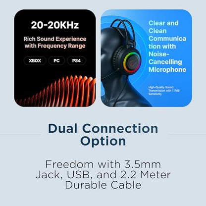 Rampage X-Jammer Wired Gaming Headset – 50mm Drivers, Powerful Stereo Sound, Flexible Mic, Noise Reduction Ear Pads, Rainbow LED, 3.5mm + USB, Multi-Platform Compatibility - color: Black 2