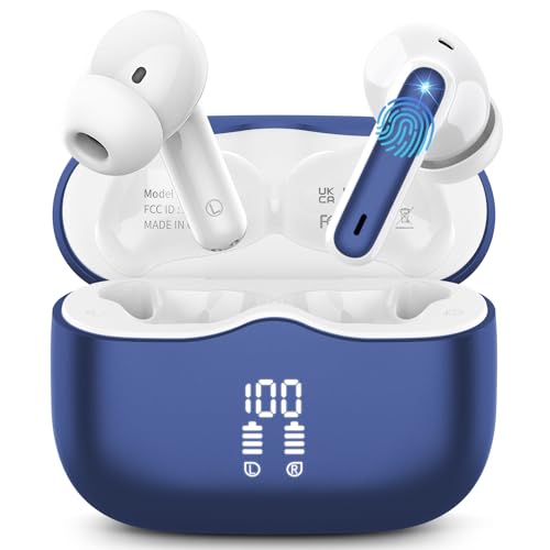 Wireless Earbuds, Bluetooth 5.4 Headphones in Ear with HiFi Stereo Deep Bass, 4 ENC Noise Cancelling Mic Wireless Earphones 40H, in-Ear Earbud Bluetooth Dual LED Display IP7 Waterproof, Dark Blue