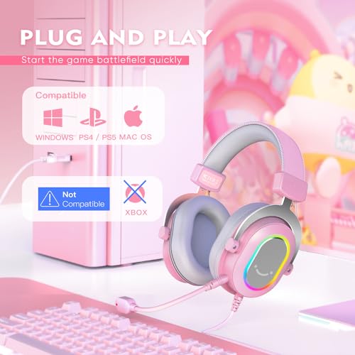 FIFINE H6P Wired Gaming Headset with Noise Canceling Mic for PC,PS4/5 | Large 50mm Drivers, 7.1 Surround Sound, Solid Metal Frame, 3 EQ Modes, Vibrant RGB, USB In-line Control, for gamer/streamers - color: Pink
