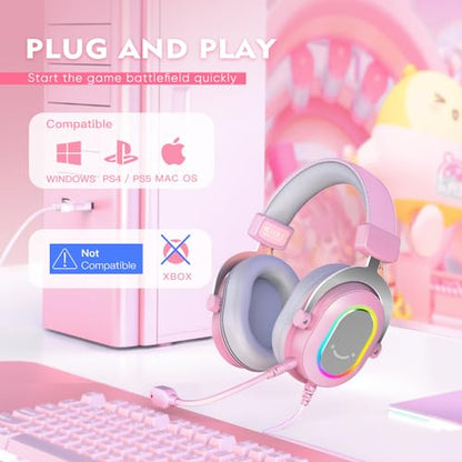 FIFINE H6P Wired Gaming Headset with Noise Canceling Mic for PC,PS4/5 | Large 50mm Drivers, 7.1 Surround Sound, Solid Metal Frame, 3 EQ Modes, Vibrant RGB, USB In-line Control, for gamer/streamers - color: Pink