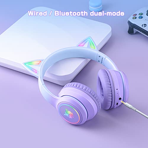Bluetooth RGB Cat Ear Headphones, Foldable/Built-in Mic, A Purple | Wireless/wired, clear Hi-Fi sound, breathing lights, for kids/adults/girls/school/gaming, works with phone/laptop/PC/tablet - color: Gradient Purple