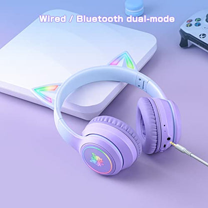 Bluetooth RGB Cat Ear Headphones, Foldable/Built-in Mic, A Purple | Wireless/wired, clear Hi-Fi sound, breathing lights, for kids/adults/girls/school/gaming, works with phone/laptop/PC/tablet - color: Gradient Purple