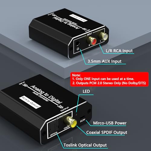 Analog to Digital Audio Converter, RCA to Optical Converter, RCA/3.5MM to Toslink and Coaxial Adapter, 48kHz/24bit PCM LPCM Stereo ADC for PS5/PS4/DVD/TV/CD/Game Console/Soundbar/Headphone