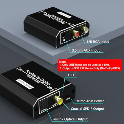 Analog to Digital Audio Converter, RCA to Optical Converter, RCA/3.5MM to Toslink and Coaxial Adapter, 48kHz/24bit PCM LPCM Stereo ADC for PS5/PS4/DVD/TV/CD/Game Console/Soundbar/Headphone