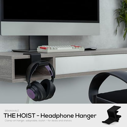 BRAINWAVZ [EOL] Hoist - Headphone Hanger Stand with Adjustable Clamp, Screws On to Desks & Shelves, No Mess, Space Saving Headset Holder, Easy to Install - Black [EOL]