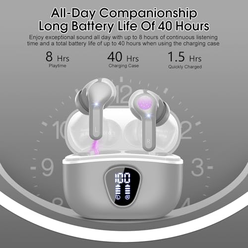Wireless Earbuds, Bluetooth 5.4 Headphones HiFi Stereo, Bluetooth Earbuds | With ENC Noise Cancelling Mic, IP7 Waterproof in Ear Earphones, 48H, LED Display Ear buds for Pad Phones Workout Sports, Grey - color: Grey