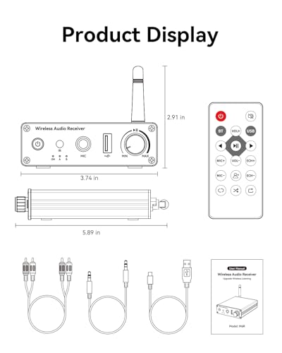 [Upgraded] Bluetooth 6.0 Receiver,Wireless Bluetooth Long Range Low Latency for Home Audio Music Streaming Stereo Systems,with AUX 3.5mm/RCA,USB Flash Drive Play and 6.5mm MIC Ports