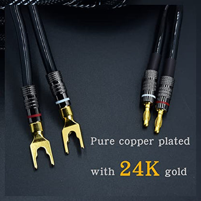 Arklove 1pcs 25ft 14awg Premium Heavy Duty Braided Wire Dual Banana to Y-Type Gold Plated Plug Speaker Cable OFC Oxygen-Free Copper - size: 25ft
