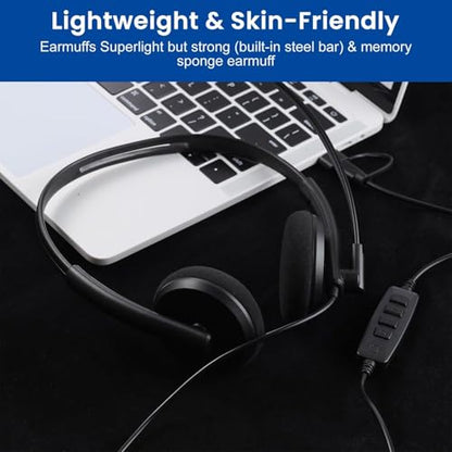 doudou USB Computer Headset with Noise Cancelling Microphone for PC, Call Center Headphones for Office Zoom Skype Teams, Online Class, Lightweight with USB/Type-c Jack & Volume Control