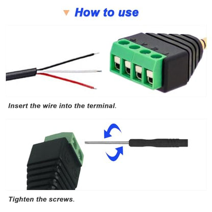 3.5mm Screw Terminal Gold Plated, 1/8" TRRS Male to 4 Pin Screw Terminal with 1/8" TRRS Female to 4 Pin Screw Terminal, Balun Solderless Converter with Screwdriver - color: 4Pin