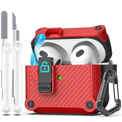 for AirPods 3 Case Cover with Lock Magnetic Lid, Red | Compatible with Apple AirPods 3rd Generation (2019) Case with Cleaner Kit & Carabiner, Powerful Drop Protection - color: B Red, size: Airpods 3rd Generation